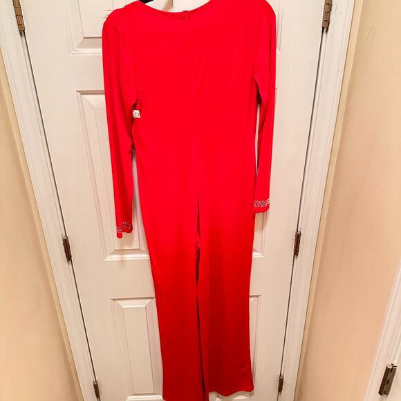 Red Feather-Trimmed Statement Jumpsuit - Picture 2 of 7